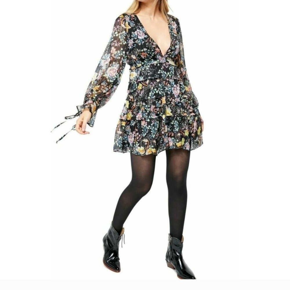 Free People Closer To The Heart Mini Dress Black Multi Floral Sz M Long Sleeves